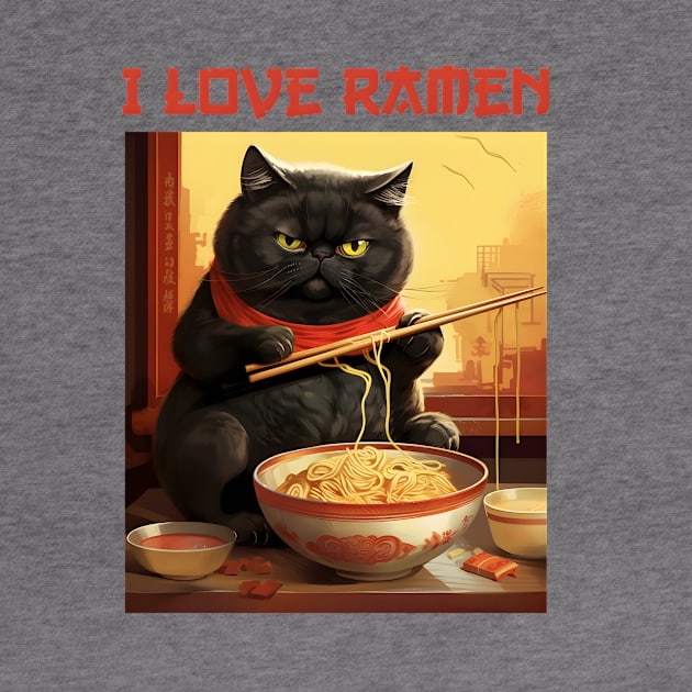 Quirky Chubby Kitty Cat Eating Ramen - I Love Ramen by KittyStampedeCo